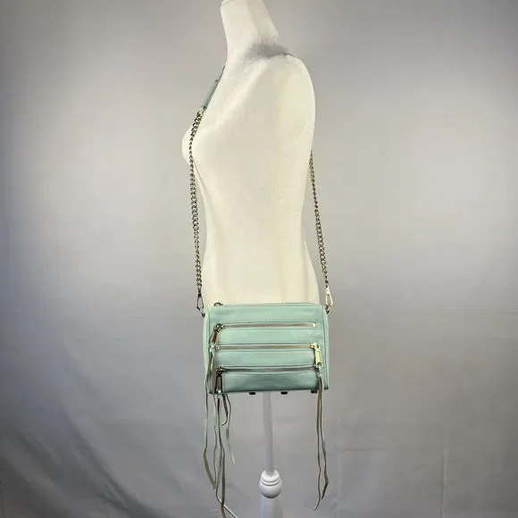 Rebecca Minkoff Crossbody Mini Bag Leather Purse Studded 5 Zip Mint Clutch Tote - Picture 5 of 16